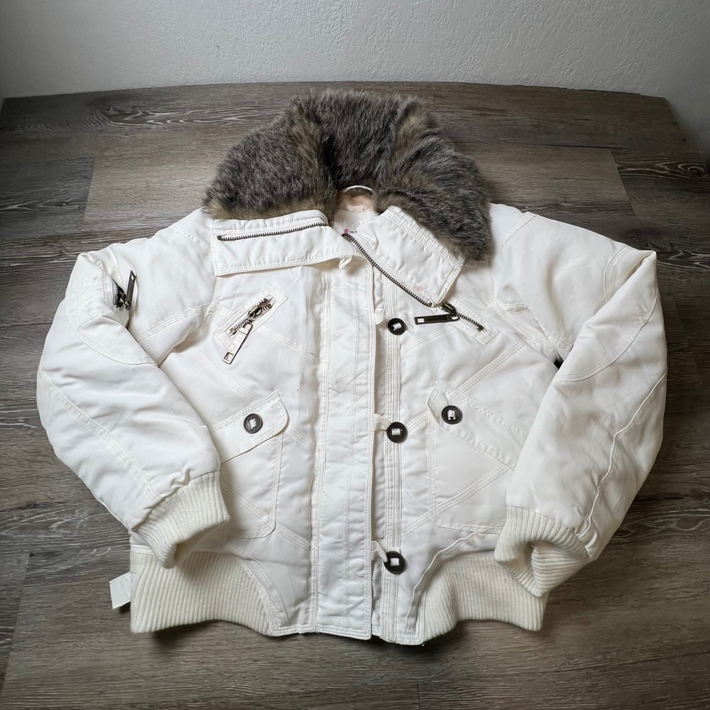 No Boundaries Puffer Jacket Juniors L White Faux Fur Down Bomber NB36J004